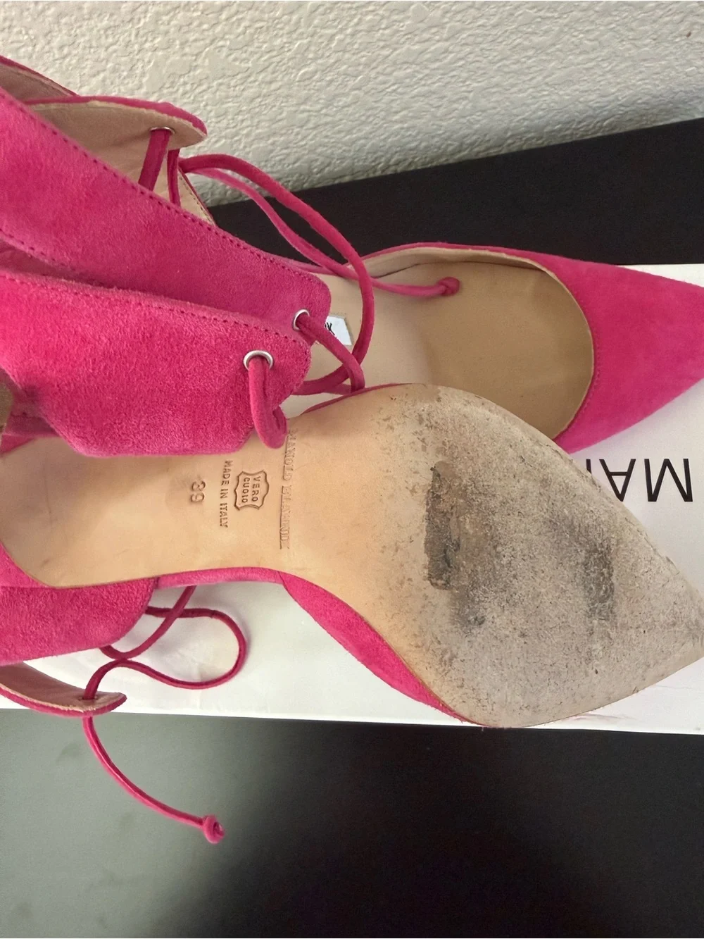 Manolo Blahnik Hot Pink Suede Pointed Lace-Up Pumps